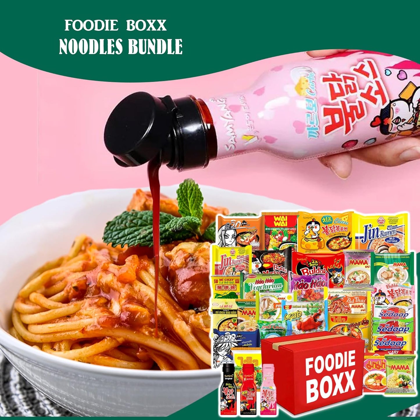 FOODIE BOXX Asian Instant Variety Ramen Noodles Boxx with Samyang Hot Sauce