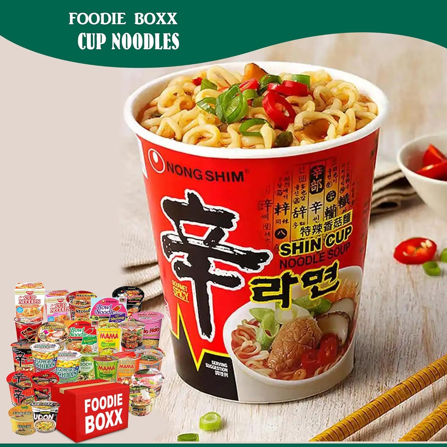 FOODIE BOXX Asian Instant Ramen Noodles Cups Variety Pack with Cookies & Chopsticks (Mixed Noodle Cups)