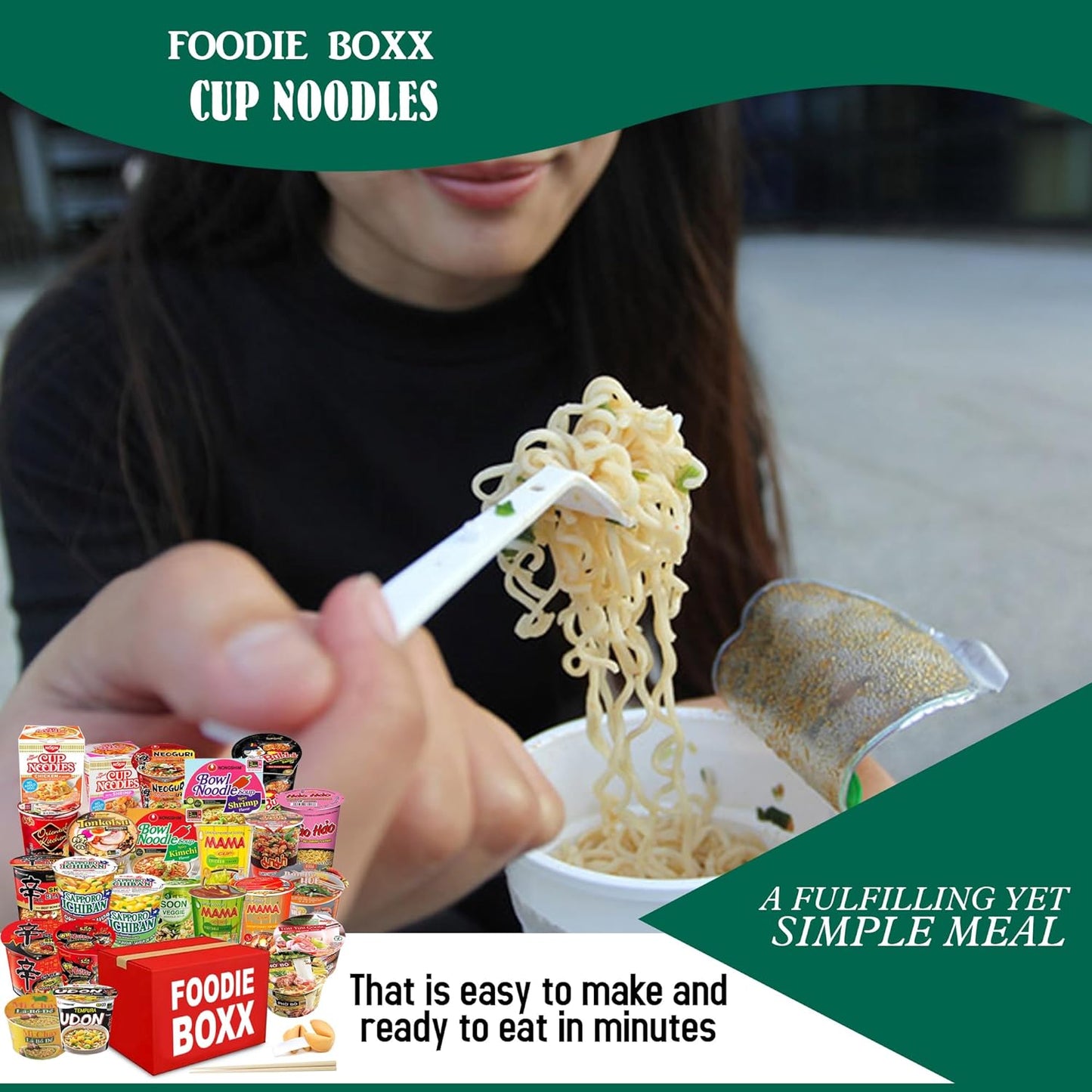 FOODIE BOXX Asian Instant Ramen Noodles Cups Variety Pack with Cookies & Chopsticks (Mixed Noodle Cups)