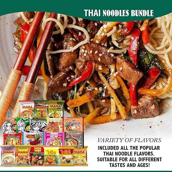 FOODIE BOXX Asian Instant Ramen Noodles Variety Pack with Cookies & Chopsticks (Thai)